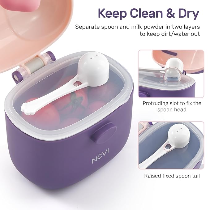 NCVI Baby Formula Dispenser On The Go, Formula Container To Go, Formula Holder for Travel, Outdoor Picnic with Baby Infant, Portable Container for Milk Powder, Snacks, Candy, Fruits (Purple)