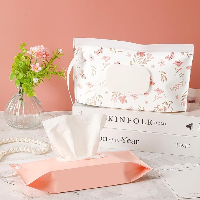 FEBSNOW 2 Pack Baby Wipes Dispenser Holder, Portable Refillable Baby Wet Wipes Pouch Container Reusable Travel Case for Outdoor Hiking, Pink Flower