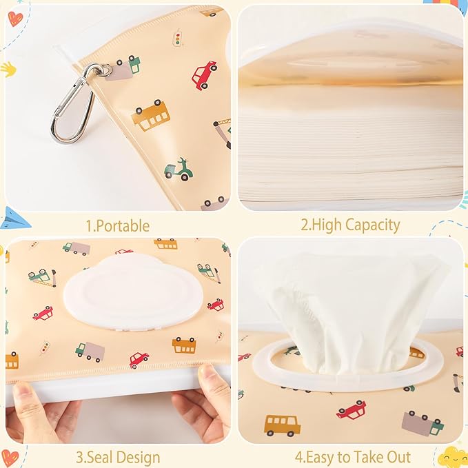 FEBSNOW 2 Pack Baby Wipes Dispenser, Portable Refillable Wipe Holder Baby Wipes Container Travel Wipes Case Reusable Wet Wipes Pouch (Dinosaur, Car)