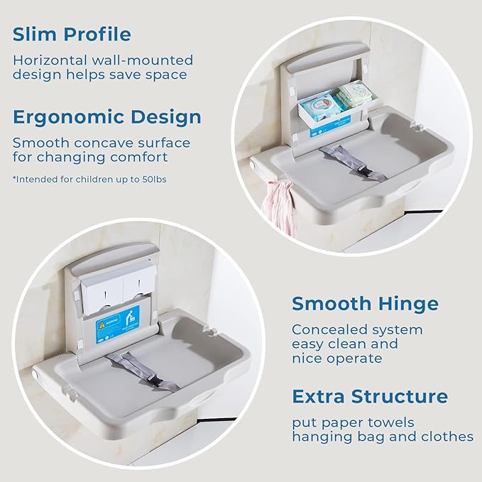 Baby Changing Station Wall Mounted Baby Changing Table Foldable Diaper Changing Unit Commercial Restrooms Horizontal HDPE Meterial with Safrty Strap White Gray