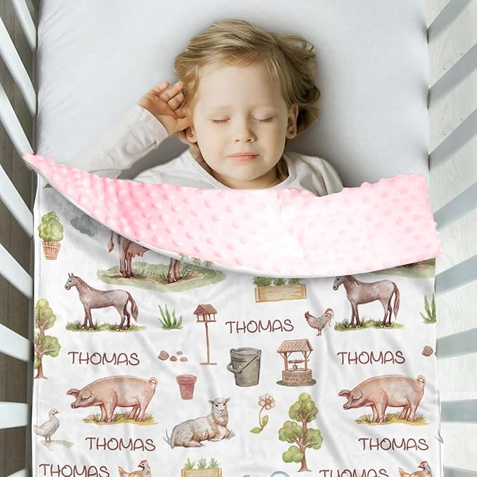Personalized Baby Blankets for Boys Girls, Custom Name Farm Animals Pattern Baby Blanket, Soft Minky Dot Blanket for Newborns and Toddlers, Ideal for Baby Showers Christmas Brithday Gifts