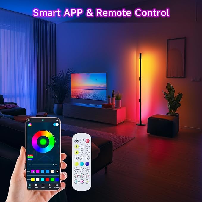 RGB+IC Floor Lamp, Smart LED Corner Lamp with Music Sync and 16 Million DIY Colors, App & Remote Control, 360° Rotating Standing Floor Lamp with Spotlight for Bedroom Living Room