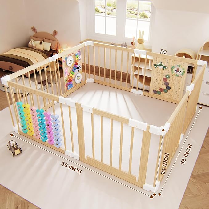 Baby Playpen - Adjustable Multi-Shape Wooden Play Yard, Portable Collapsible Activity Center with Baby Fence Play Area & Toys for Infants, Toddlers (56x56x24inch