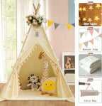 Teepee Tent for Kids with Padded Mat Cotton Canvas Kids Teepee with Pompom for Toddlers Indoor Play Tent for Girls Boys with Stars Lights, Carry Bag, Banner Flag (Cream)