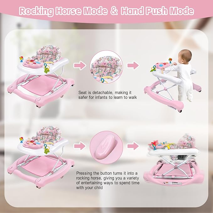 5 in 1 Foldable Baby Walker, Activity Baby Walker-Baby Bouncer, Rocker, Activity Center,Seat and Push Walker,Detachable Trampoline Mat, Adjustable Speed Rear Wheels and Height,Ages 6-18 Months(Pink)