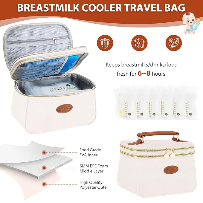 PIIOSER Breast Milk Cooler Bag with 2 Ice Pack, Fit 6 Freeze Breastmilk Storage Bags Up to 8Oz, Insulated Baby Bottles Tote Bag for Daycare and Breastfeeding Mom, Black(Cream-XS)