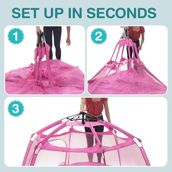 Alvantor Pop Up Playpen- 7'x7'x44”Baby Playpen Large Kids Play Tent Portable and Foldable Playpen Indoor/Outdoor Play Yard with Protective Mesh, UV SPF 50+ Sunshade, and Soft Foam Floor, Pink
