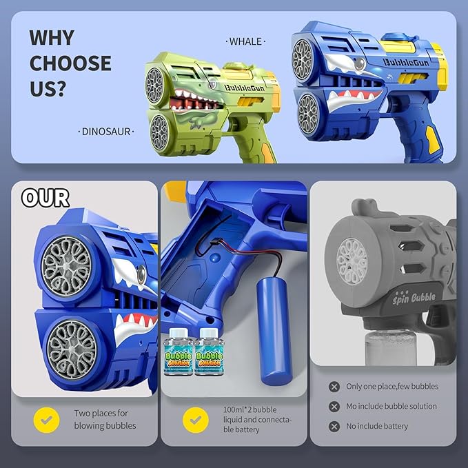 Rechargeable Blue Shark Bubble Guns for Kids, LED Light Up Bubble Machine Blower with 2 Bottles Bubble Refill Solution for Kids, Bubble Makers Blaster for Toddlers, Summer WeddingToys Gift