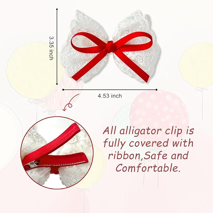 2pcs Lace Hair Bows for Girls, White Lace and Red Hair Ribbons, Alligator Bow Hair Clips, Handmade Hair Accessories for Girls