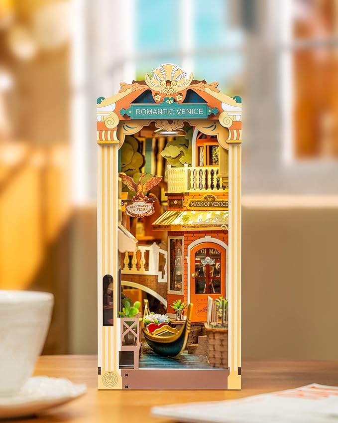 Rolife DIY Book Nook Kit for Adults, Miniature Dollhouse Booknook Kit, 3D Wooden Puzzle Creative Decorative Bookends Bookshelf Diorama Insert Crafts Hobbies Gifts (Romantic Venice)