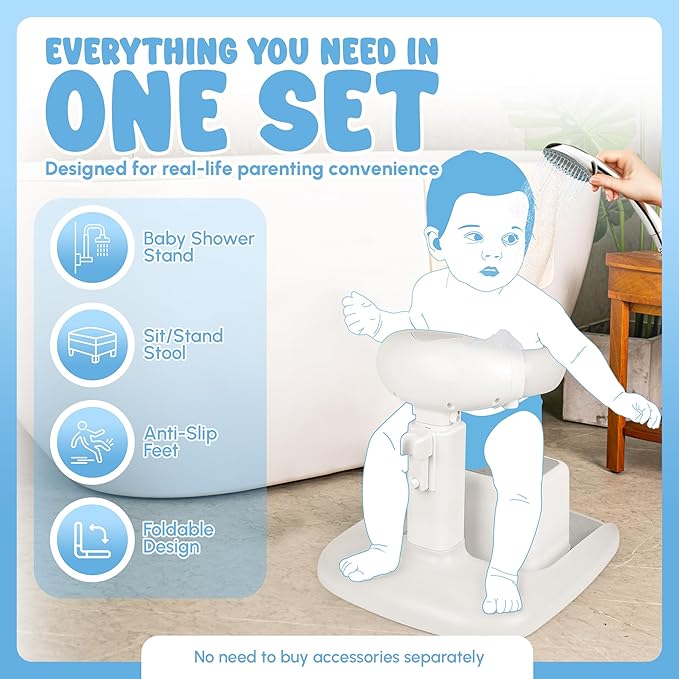 Baby Bath Adjustable Shower Stand with Stool- Secure Infant & Toddler Bath Support, Non-Slip Stool & Foldable Stand