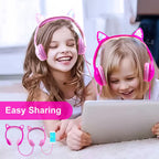 Kids Headphones with Sharing Port, Safe 85db Volume Control Light Up Cat Ear Headphones for Tablets/E-Readers, Wired Children Headphones with Microphone for School Learning Travel - Rose