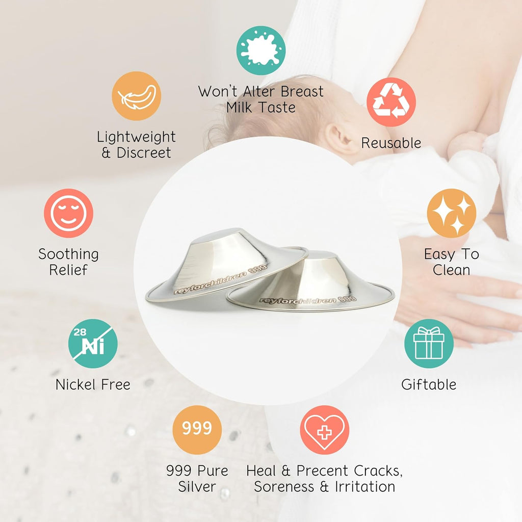 RFC Silver Nursing Cups - 999 Silver Nursing Pad - Nipple Shield Kit for Nursing Newborn - Breastfeeding Essentials - Nipple Cover Breastfeeding - with Silicone Ring & Cleaning Scotch & Case (XL)