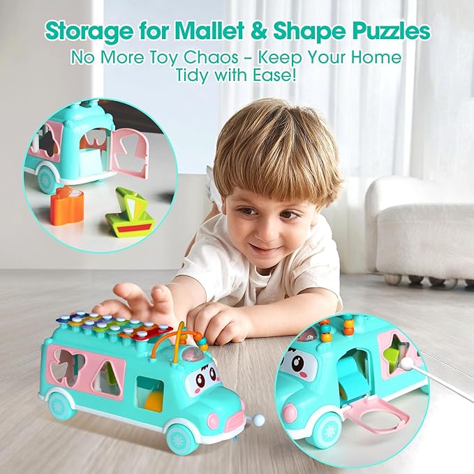 Baby Xylophone for Toddlers 1-3, Bus Shaped Toy Xylophone for Kids with Child Safe Mallet, Shape Sorting Educational Musical Toys and Instruments for Toddlers 1-3