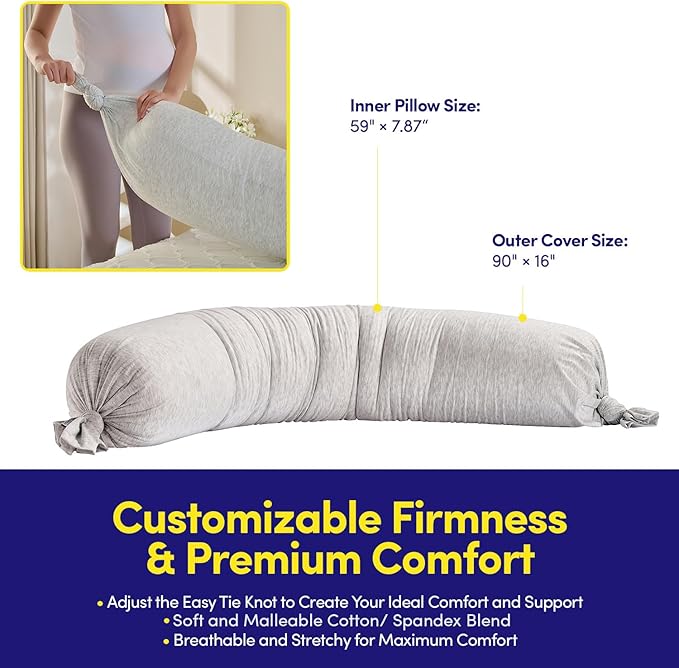 Full Body Maternity Pillow – Bean-Filled Pregnancy Support Pillow with Removable Cover – 59″ Long Full-Length Back, Hip & Belly Support for Pregnancy & Nursing, Silver