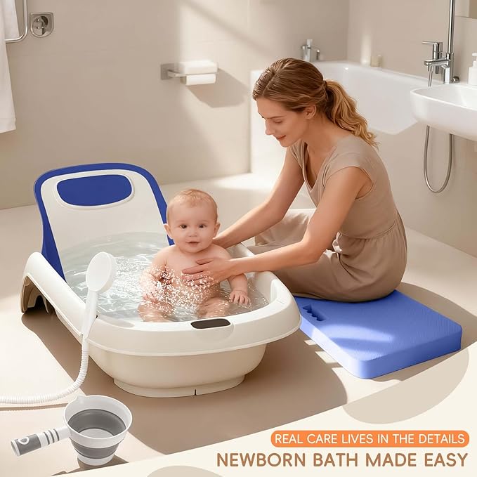Baby Bathtub for Newborn to Toddler, Reclining Newborn Bathtub, Adjustable Baby Tub with Thermometer, Bath Kneeler Pad & Clean Rinse Cup, 0-36 Months (Blue)