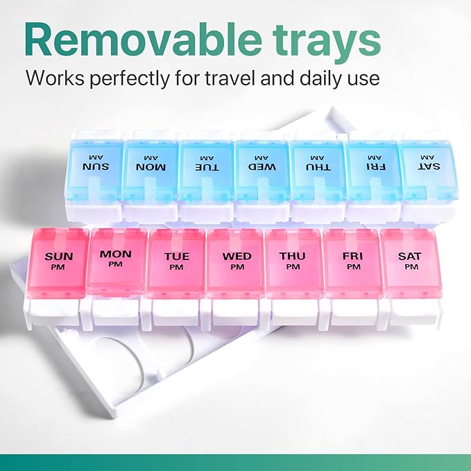 Sukuos Weekly Pill Organizer 7 Day 2 Times A Day, AM PM Medicine Pill Box with Easy Push Button, BPA Free Vitamin Cases for Fish Oil/Supplements, Easy to Clean (Red&Blue)
