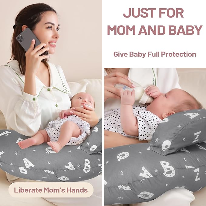Plus Size Breastfeeding Pillow for Ergonomic Comfort & Support, Easier Nursing, Fit, Removable Cover, Machine Washable, Letter Pattern(Grey)