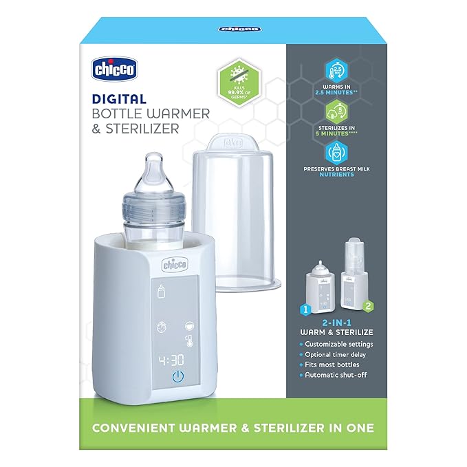 Chicco Digital Bottle Warmer & Sterilizer for Baby Bottles and Milk Bags Eliminates 99.9% of Germs 4 Heating Options Digital Touchscreen Automatic Shut-Off & Sound Alert (Pack of 2)