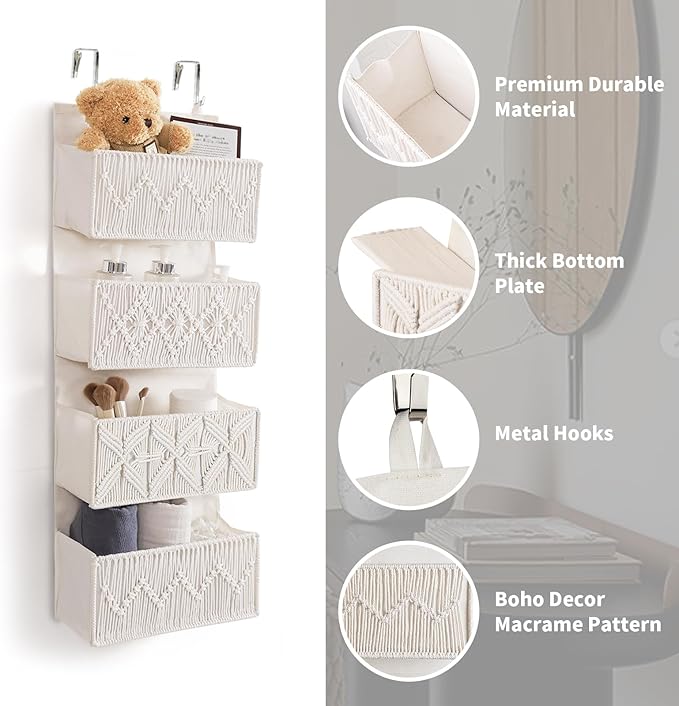 ANTIS'S HOME Nursery Over The Door Organizer Boho Decor Nursery Storage with 4 Large Woven Pockets, Macrame Nursery Organizers and Toys Storage, Behind Door for Bathroom, Bedroom