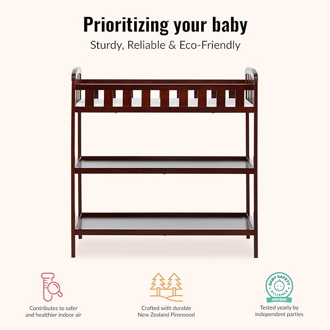 Dream On Me Emily Changing Table, Compact and Portable, Solid New Zealand Pinewood, Safety Rails, Two Storage Shelves, Includes Water-Resistant 1" Changing Pad — Espresso
