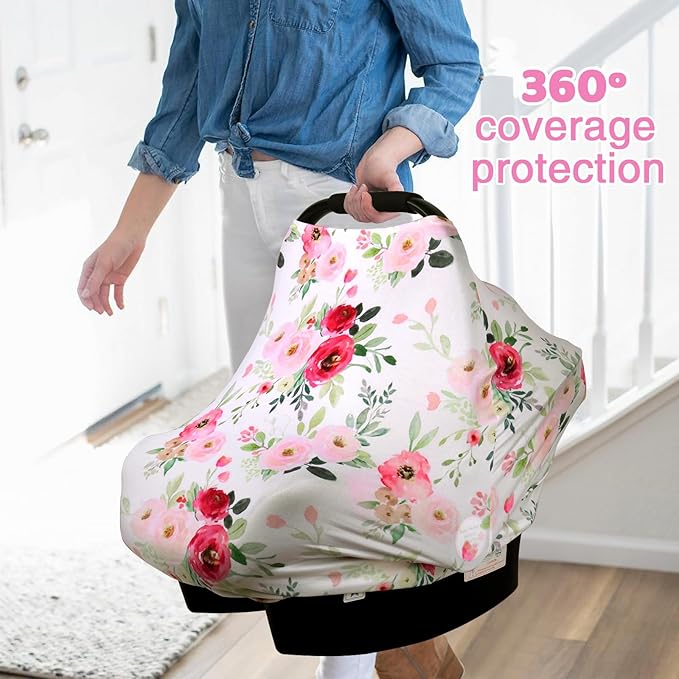 Rquite All-in-1 Car Seat Cover Baby, Carseat Covers for Girl Boy, Stretchy Soft Infant Car Seat Cover, Multi-use Baby Carrier Cover, Car Seat Canopy, Stroller Sun Shade, Nursing Breastfeeding Cover