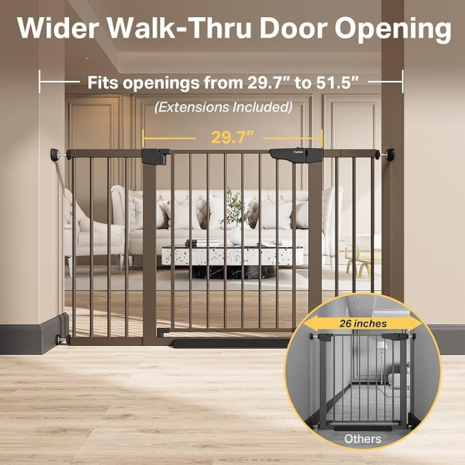 Cumbor 29.7"–51.5" Extra Wide Baby Gate for Stairs, Pressure-Mounted Dog Gates for Doorways & Hallways, Auto-Close Walk-Through, No-Trip Design, Child Proof Safety, Dog/Pet Gate for Indoor Use, Brown