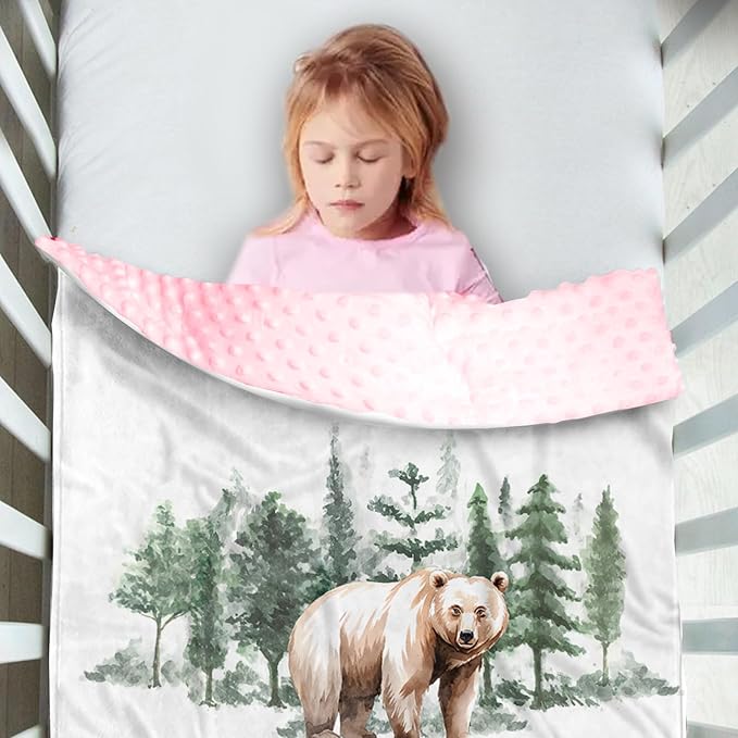 Custom Name Baby Receiving Blanket – Cozy Flannel with Double-Layer Dotted Backing – Bear in Forest Theme for Newborns and Toddlers