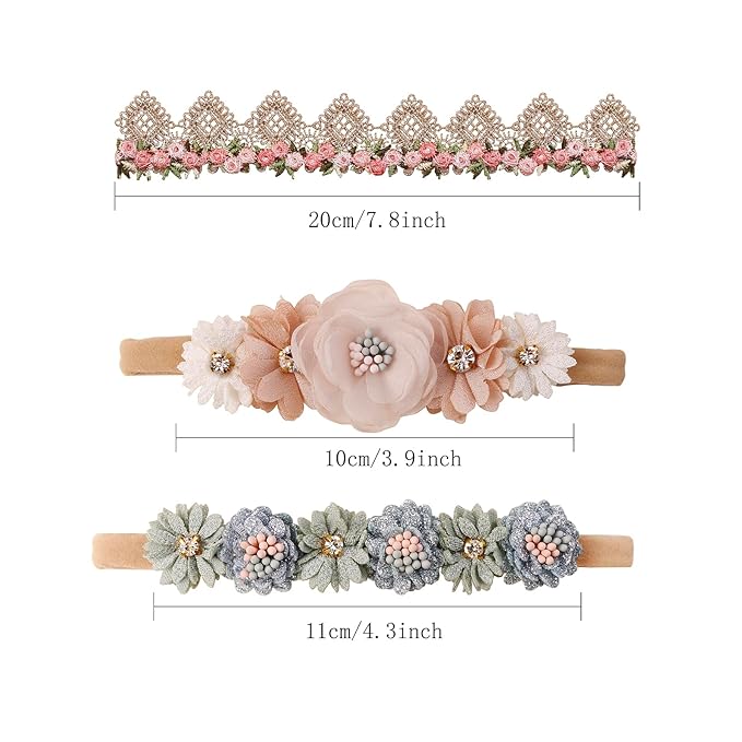 Baby Girl Nylon Headbands Flower Hair Bows Accessories-Elastic Hair Band Crown Handmade FLoral Wraps Birthday Gifts for Girls Newborn Infant Toddler 3Pcs