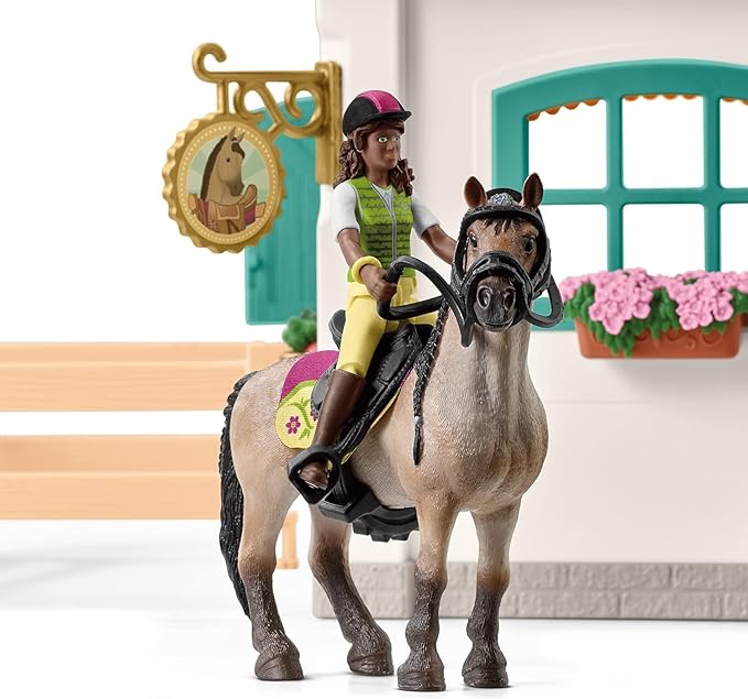 Schleich Horse Club - 85 PC Tack Room Stable Extension Toy Playset with Rider Sarah Action Figure, Horse Figurine and Accessories for Girls and Boys - Interactive, Realistic Kids Toys Ages 5+ | 42591
