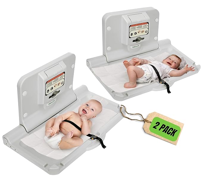 Alpine Wall Mounted Baby Changing Station 2 Pack - Horizontal Baby Changing Table Foldable Diaper Tables with Safety Strap for Commercial Bathroom, ADA Complaint (Hardware Included) White Gray