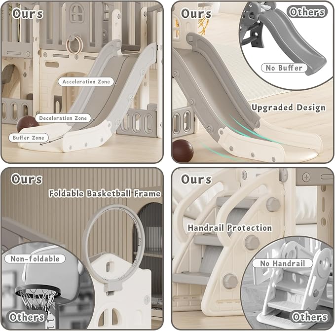 KORIMEFA Toddler Slide Set, 8 in 1 Kids Slide, Indoor Outdoor Slide for Toddlers Age 1-3, Toddler Playset with Basketball Hoop and Tunnel, Toddler Indoor Outdoor Playground