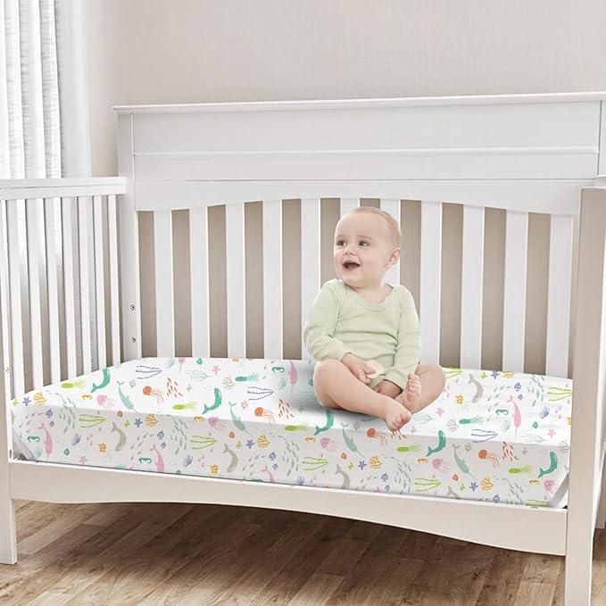 Bimocosy Crib Sheets for Boys Girls, Fitted Crib Sheet 4 Pack for Standard Crib and Toddler Mattresses, Super Soft Breathable Microfiber Baby Sheet 28x52x8in, Ocean World/Milky Green/Seashell/Blue