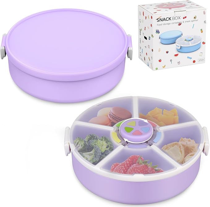 Kids' Rotating Snack Container Set – 2-Pack, Includes 1 Rotating Snack Container & 1 Round Sectioned Snack Box, BPA-Free, Dishwasher Safe, Perfect for Travel-Purple