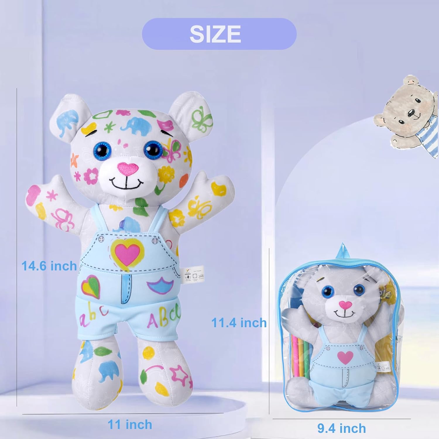 Coloring Plush Toy with 5 Washable Markers for Little Girls Doodle Dolls for Kids Ages 4-6 Birthday (Blue Bear)