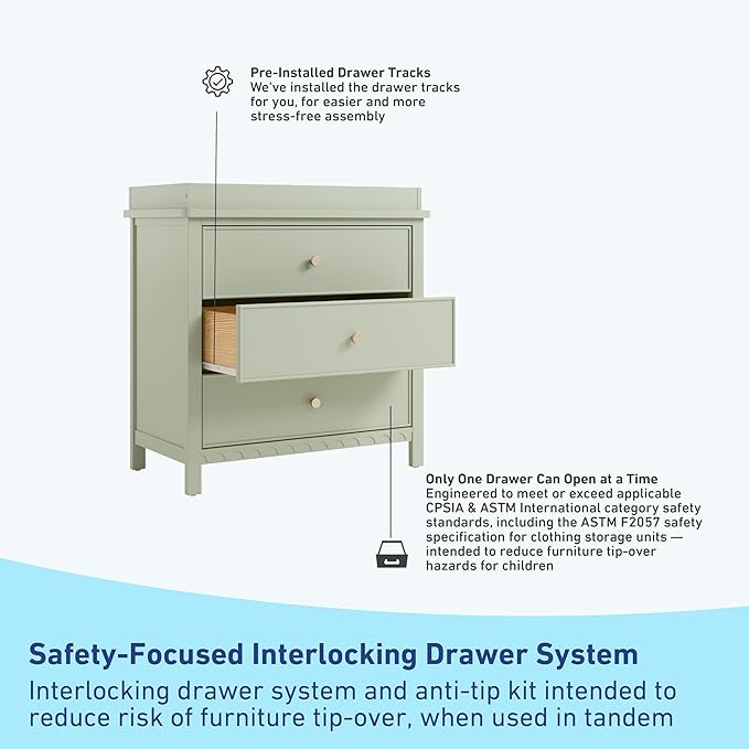 Graco Sasha 3-Drawer Chest with Changing Table Topper (Sage) – GREENGUARD Gold Certified, Nursery Bedroom Wood Chest with Spacious Storage, Interlocking Drawer System, Pre-Installed Tracks