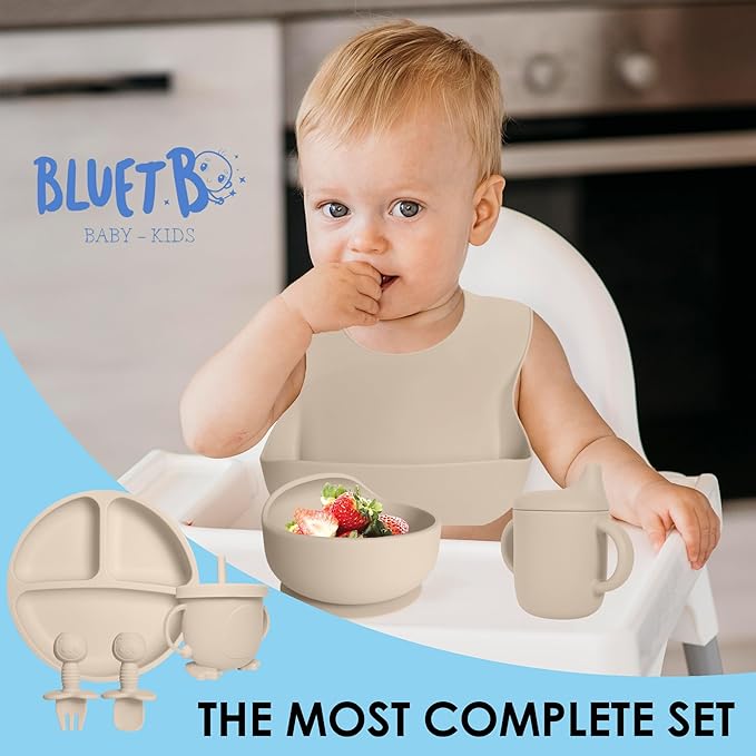 Bluet B- Silicone Baby Feeding Set with Pacifier - Baby Led Weaning Supplies - Baby Spoons, Suction Bowl - Plate - Baby Utensils Set - Silicone Feeding Set for Baby First Foods - 11pcs - Beige