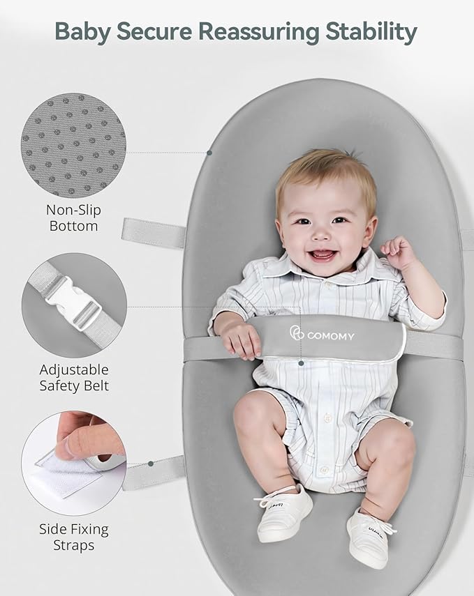 COMOMY Baby Changing Pad with Wipeable & Waterproof PU Cover, Contoured Diaper Changing Pad for Dresser with Non-Slip Safety Belt, Portable and Lightweight, Large Cushioned Foam, Gray