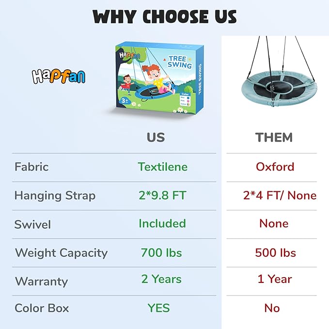 Hapfan 40" Saucer Tree Swing for Kids and Adults, Disc Round Swing for Kids Outdoor with Swivel, UV-Resistant Textilene Fabric, 700 lb Weight Capacity, 9.8 FT Hanging Straps, 2-Year Warranty (Blue)