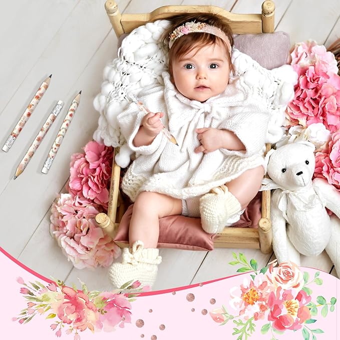 Tinlade 60 Pcs Bloom Floral Baby Shower Golf Pencils with Erasers Small Kids Sharpened Mini Pencils for School in Bloom Baby Shower Supplies