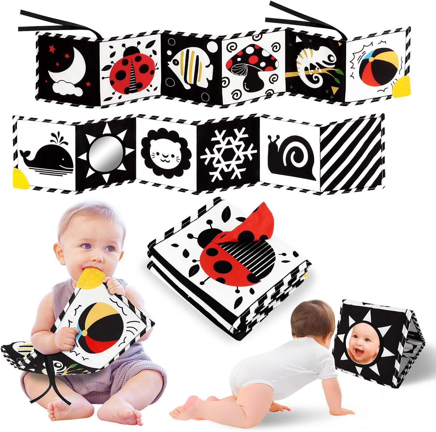 Tummy Time Toys, High Contrast Baby Book with Mirror & Teether, Black and White Infant Books, 0-6-12 Months Soft Book for Newborn, Sensory Books, Tummy Time Car Seat Toys 0-6 Month Boy Girl Gift