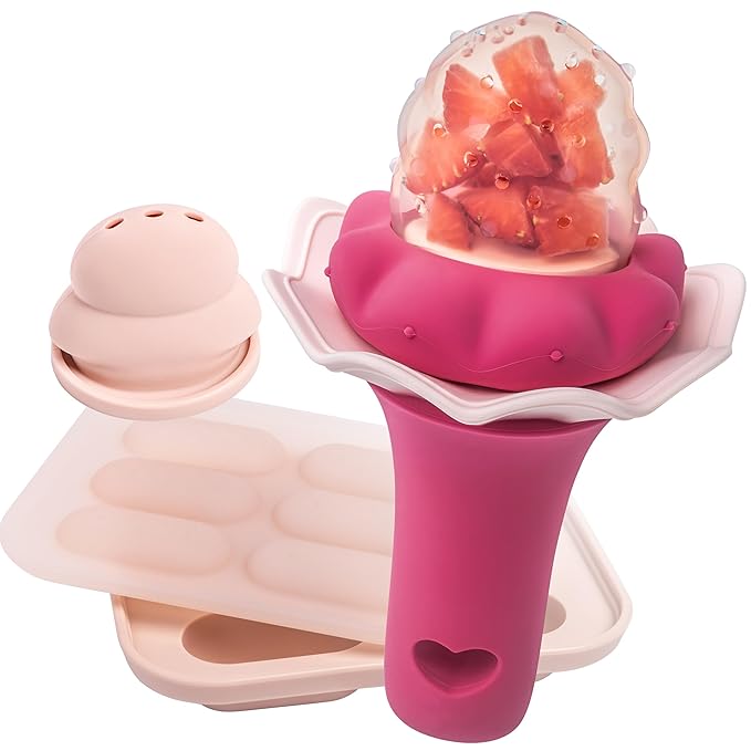 Moonkie Baby Fruit Feeder with Freezer Tray, BPA Free Silicone Food Feeder for Infant Self Feeding, Breastmilk Popsicle Molds, Mesh Feeder with Two Pouches, Baby Shower Gifts 4 Months+, 1 Pack