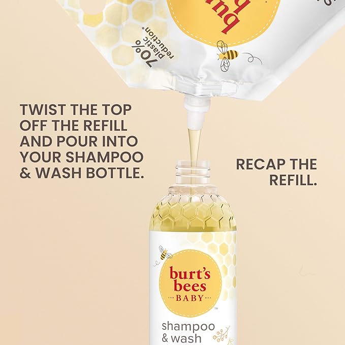 Burts Bees Baby Shampoo and Baby Wash Refill, Original, Plant-Based Formula, Tear-Free, Pediatrician-Tested, Natural Origin, Gently Cleans Sensitive Skin and Hair, 33.8 Fl Oz