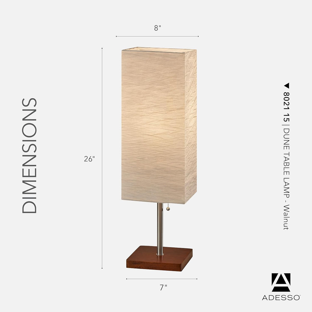 Adesso 26” Table Lamp with Walnut Wood Base, Brushed Steel Finish & Crinkle Paper Shade – Perfect Lighting for Bedroom, Living Room and Corner Decor, Beige