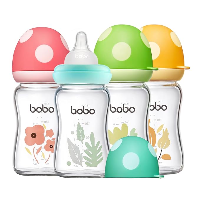 YOHKOH Natural Glass Baby Bottle with Natural Response Nipple, Newborn Anti-Colic Baby Bottles, Wide Neck Mushroom Cap Baby Bottle, Clear (Multicolour1, (5.4oz (Pack of 4))