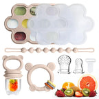 Baby Fruit Food Feeder & Breastmilk Popsicle Molds for Teething Relief, Baby Feeding Sets, 1 Freezer Tray with Lid & 1 Teether Toy & 1 Silicone Teething Pacifier Feeder, Extra Food Pouches (Beige)