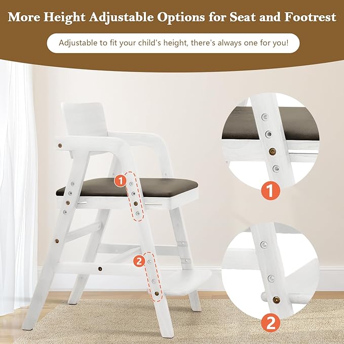 Solid Wood High Chair for Toddlers to Teens, Adjustable Height Toddler Dining Chair, Easy to Clean Toddler Highchair with Removable PU Cushion for Dining, Studying, Step Tool, White
