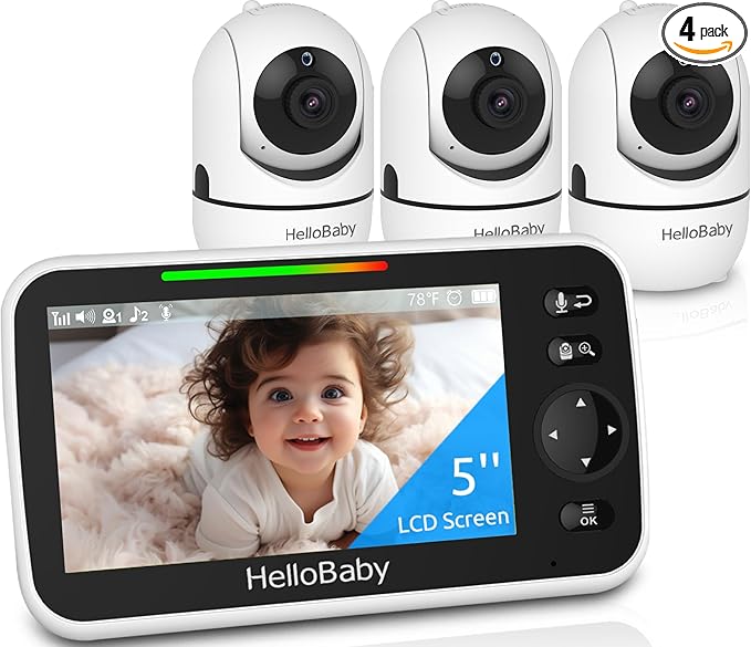 HelloBaby 5" Screen Baby Monitor with 3 Cameras - No WiFi HB6550 Video Baby Monitor, 1000ft Long Range, ECO, 26 Hour Battery, Pan-Tilt-Zoom Night Vision, Temperature Sensor & 2-Way Audio, 8 Lullabies