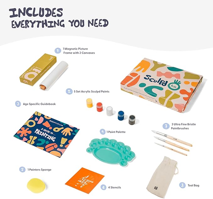 Sculpd Kids Painting Kit, Paint Craft Set for Kids Age 7+, Includes 5 Colour Paint Set, Paintbrushes, Magnetic Picture Frame, 2 Canvases, Paint Palette, Additional Art Supplies and Free Guidebook