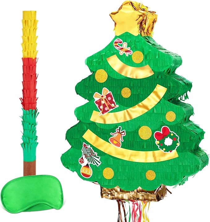 Wernsai Christmas Piata Large Pull String with Blindfold Bat - Cute Tree Design for Christmas Party Games - Green, 16.5' x 12.4'